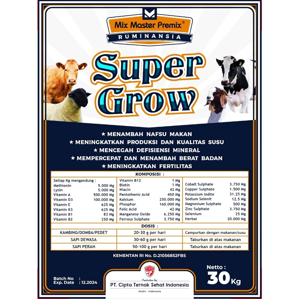 PREMIX SAPI SUPER GROW 1 KG - PREMIX MINERAL VITAMIN Kambing Perah &amp; Sapi Perah Komplit I MIX MASTER SUPER GROW 1 KG