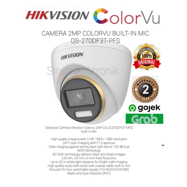 Hikvision camera 2MP COLORVU BUILT-IN MIC DS-2CE70DF3T-PFS