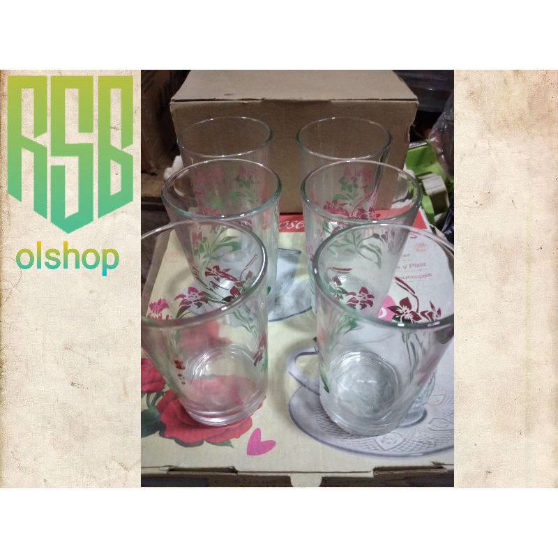 6 PCS GELAS AIR MINUM MOTIF BUNGA / GELAS KEMBANG / GELAS KOPI / GELAS TEH / GELAS KACA KEDAUNG