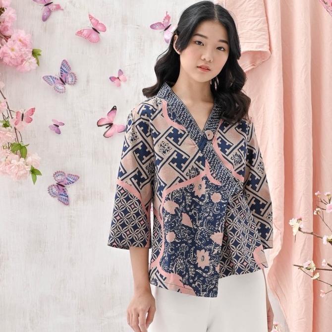 Baju Atasan Blouse Batik Wanita Model Kimono Lengan Panjang Pink Navy
