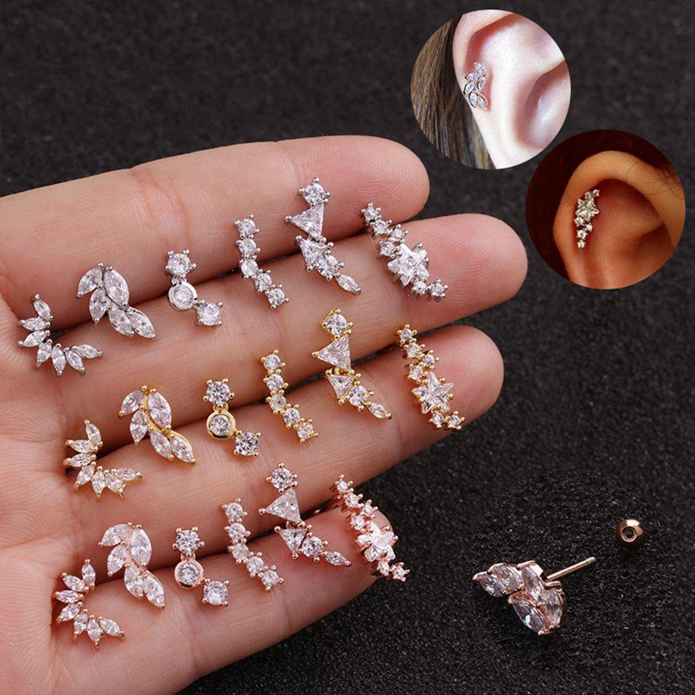 R-flower 1PC Anting Tindik Rose Gold Silver Emas Sekrup Belakang Daun Bintang Stainless Steel