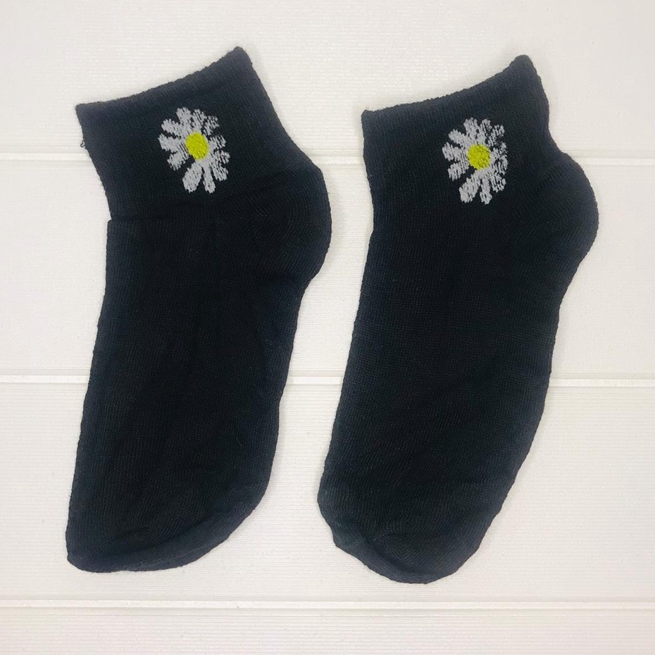 ☛TK☚ R456 Kaos Kaki Motif Bunga Aster Cute Kaos Kaki Girl Motif Bunga Daisy Korea Panjang Semata Kaki Import-HITAM