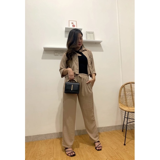 JOSHIN Alice oneset crinkle cullote long pants - setelan kemeja crop kulot panjang