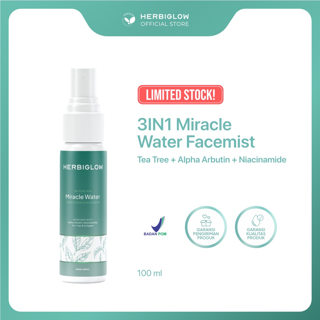 [BPOM] HERBIGLOW MIRACLE WATER 3IN1 (TONER, ESSENCE, MOISTURIZER) UNTUK JERAWAT, KOMEDO, KULIT KUSAM