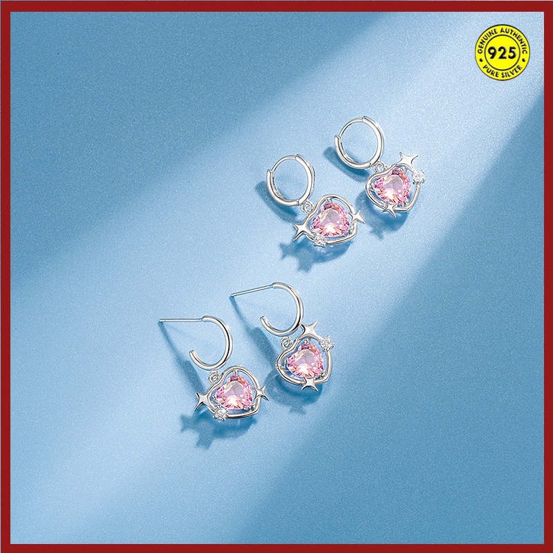 Anting Tusuk Sterling Silver 925 Desain Hati Hollow Hias Berlian Pink Untuk Wanita U933