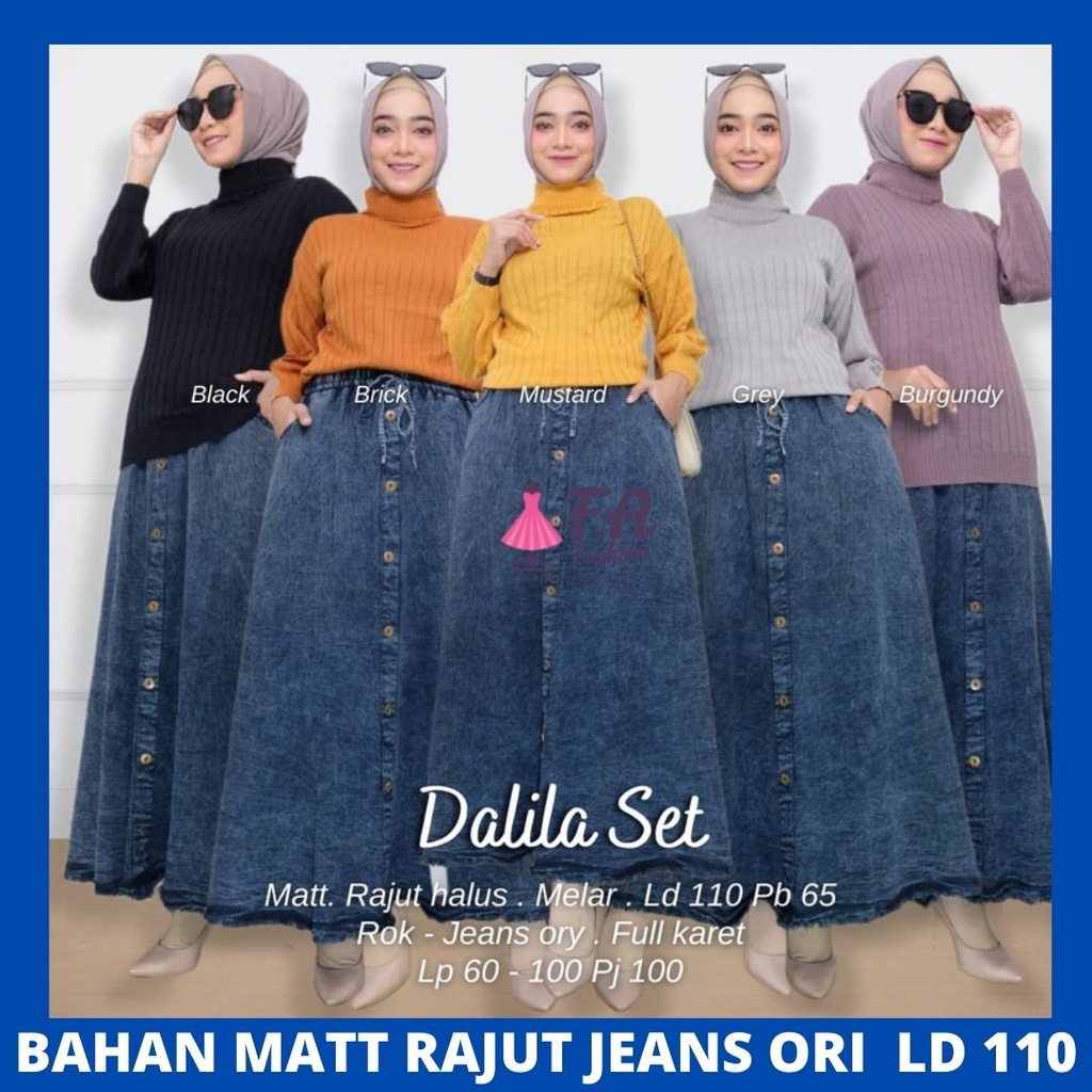 dahlia set baju pakaian 1 one set setelan rajut rok jeans jean jins jens levis pinggang karet payung