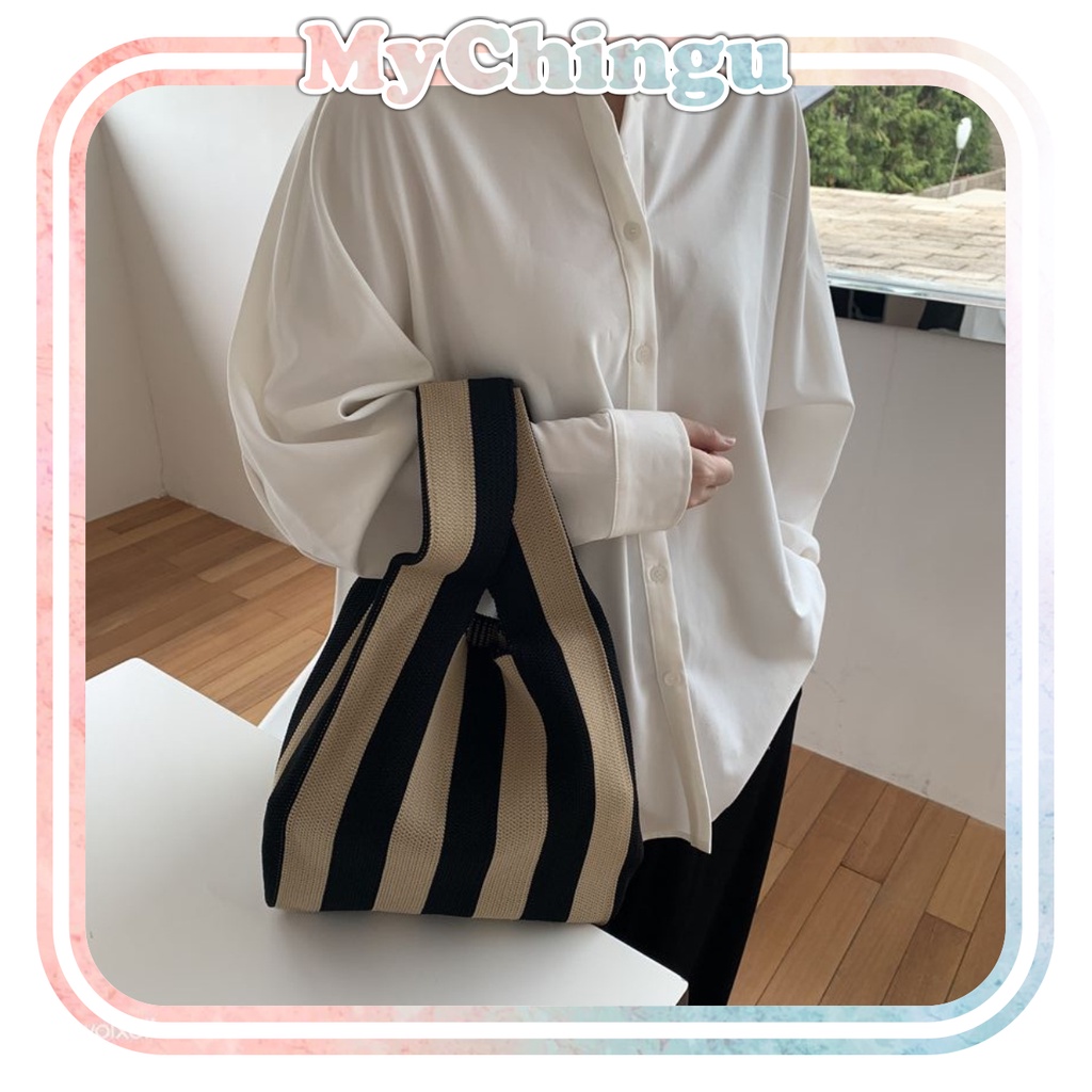 ❀ Chingu ❀ TW011 (ORI IMPORT) Buffollow  Vacay Motif Garis Tas Bene Korean Knitted Checkered Tote Bag Tas Rajut Warna Warni Totebag Viral Bangkok Import