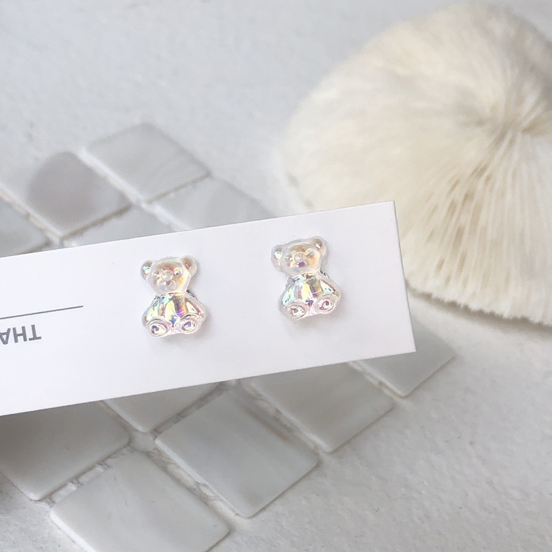 Anting stud S925 Bentuk Beruang Mini Warna-Warni Permen Biru Putih Pink Ungu Oranye