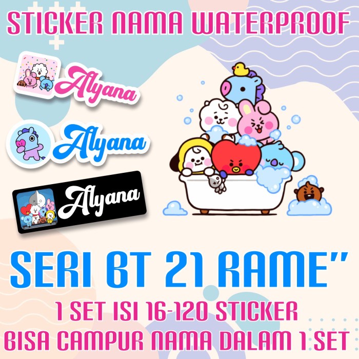

[14-120 pcs] Sticker Nama Custom Waterproof BT21 And Friends