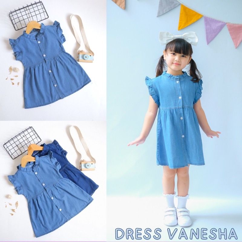 Dress Vanessa Jeans 6 bulan -5 Tahun Import Premium / Dress Anak Ruffle Jeans Premium