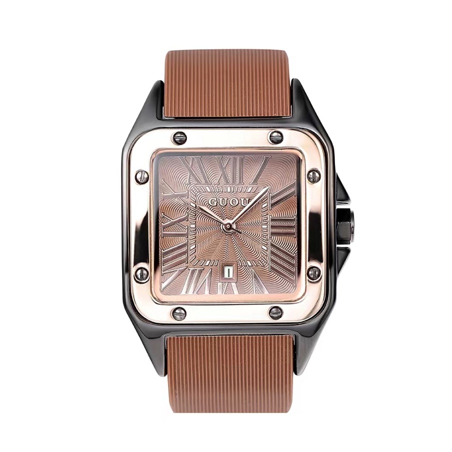 100%ORI GUOU【COD】2022 NEW  Jam tangan wanita Jam tahan air  Jam tangan sederhana jam tangan persegi skala Romawi Jam tangan pasangan-【Emas coklat】