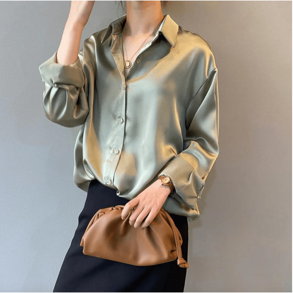 Dream Kemeja Satin Wanita Blouse Satin Lengan Panjang Import