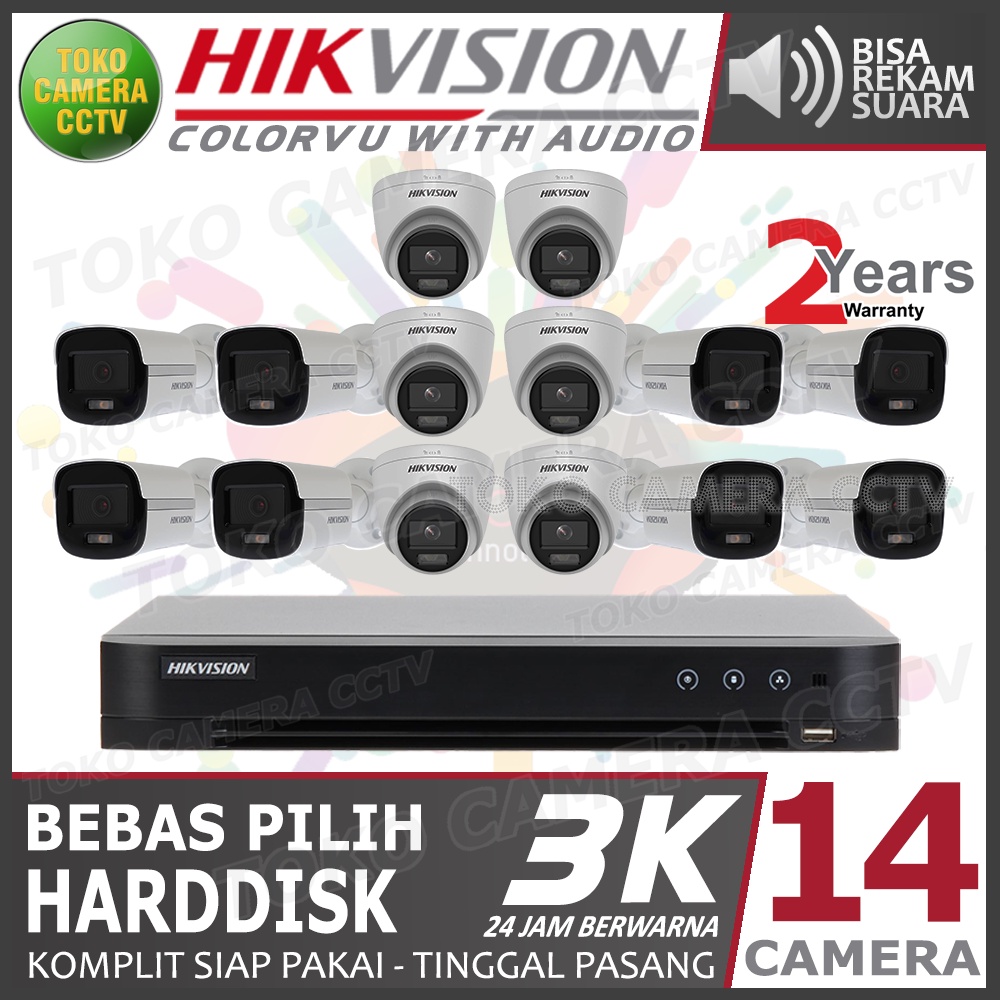 PAKET CCTV HIKVISION 5MP 3K COLORVU AUDIO 16 CHANNEL 14 KAMERA