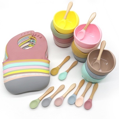 Feeding set Bowl Silicone Suction spoon slabber baby bib piring mangkok sendok anak bayi silikon mpasi