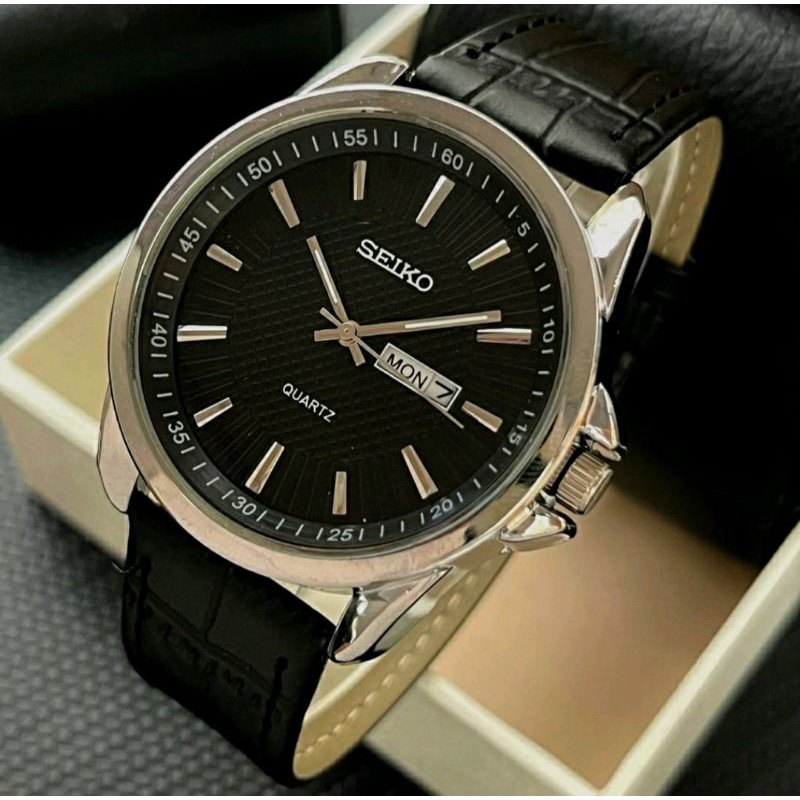 Jam Tangan Pria Seiko Tali Kulit Hitam Super Elegan - Jam Tangan Seiko Tali Kulit - Seiko Elegan