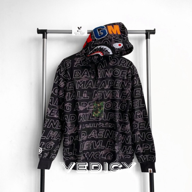 SALE JAKET HOODIE BAJU BAPE A BATHING APE SHARK WORDS BLACK JACKET SUPER MIRROR 1:1 ORI