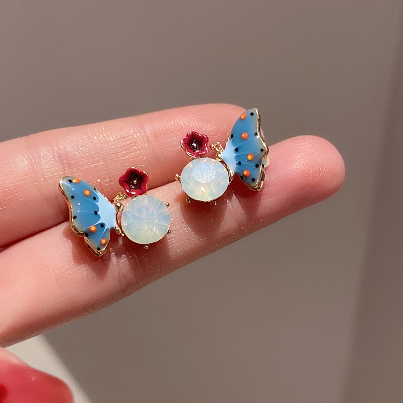 Vintage Dicat Bunga Merah Biru Kupu-Kupu Anting-Anting Wanita Korea sparkle Berlian Aksesoris Telinga