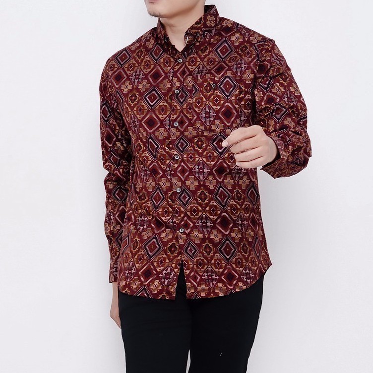 [READY BIG SIZE] BABEDO KEMEJA BATIK PRIA LENGAN PANJANG MOTIF DIAMOND COKLAT HEM BATIK PRIA PREMIUM