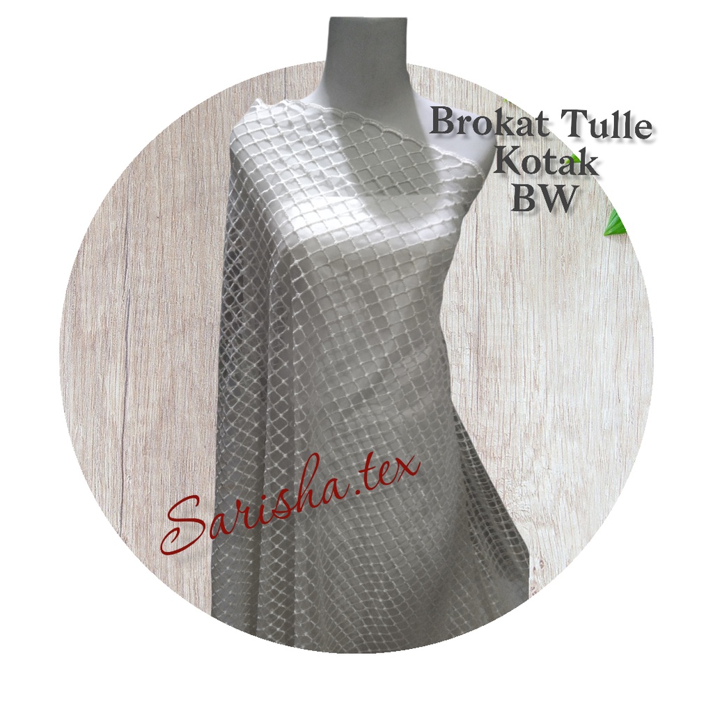 Kain Tule motif Brokat Tulle Prancis brukat Kotak BW Putih
