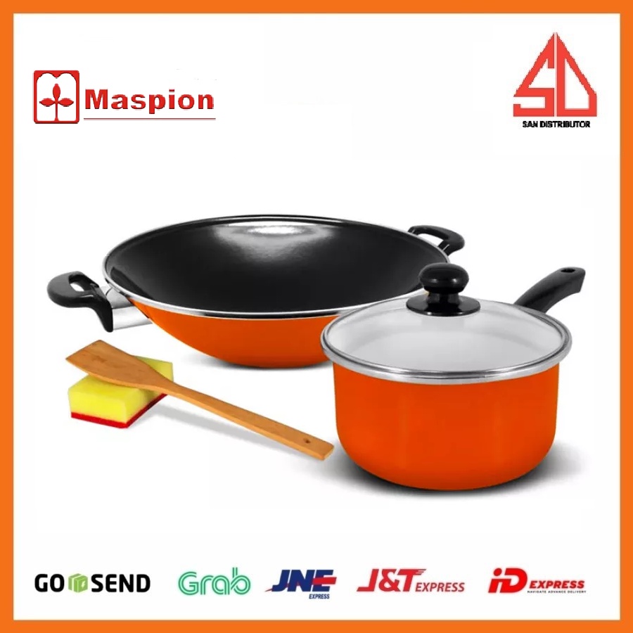 KUKINA (SB) Wajan Ceria Enamel 35cm &amp; Saucepan 18cm - Orange wajan enamel set