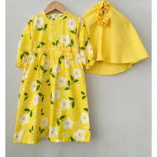Gamis Katun Kerudung Polos Anak Motif kuning Daun Hijau Size 1-6Tahun