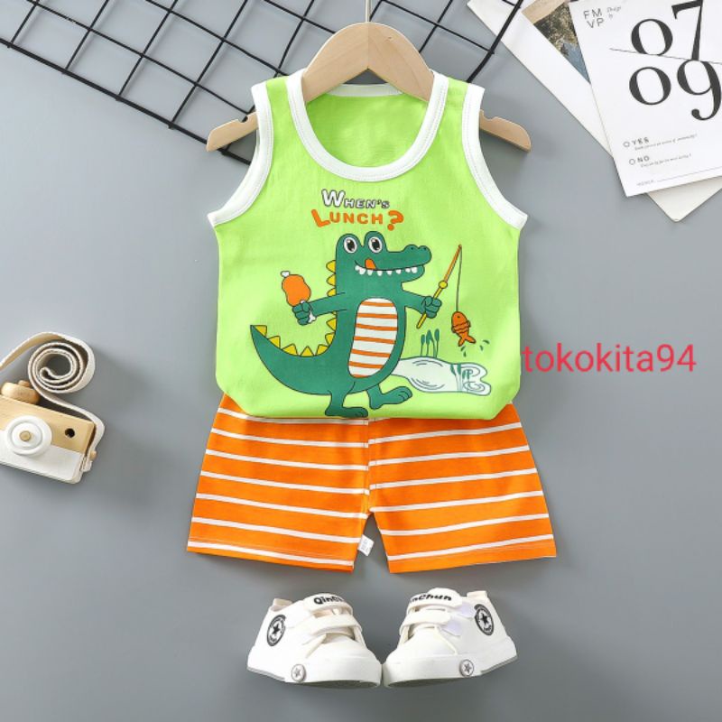 Setelan Singlet Anak  Import Laki Perempuan Motif Kartun - 1Set Singlet Anak Usia 6 Bulan sampai 4 Tahun - Setelan Anak Atas Bawah Korean Style Bahan Adem - Setelan Baju Anak Import