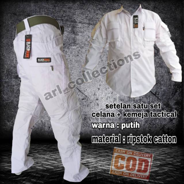 Setelan satu set celana dan kemeja tactical outdoor PUTIH/setelan baju organisasi/fpi/gerindra