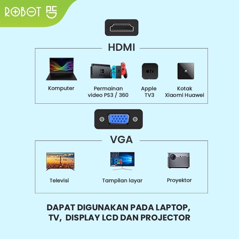 ROBOT RHV20 HDMI TO VGA Adapter Laptop/PC 1080P (With Audio &amp; Power Supply) Black - Garansi 1 Tahun