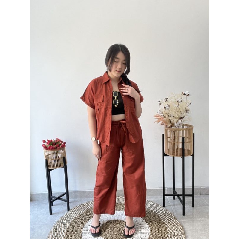Set kemeja Linen pocket | Set kemeja lengan pendek pocket