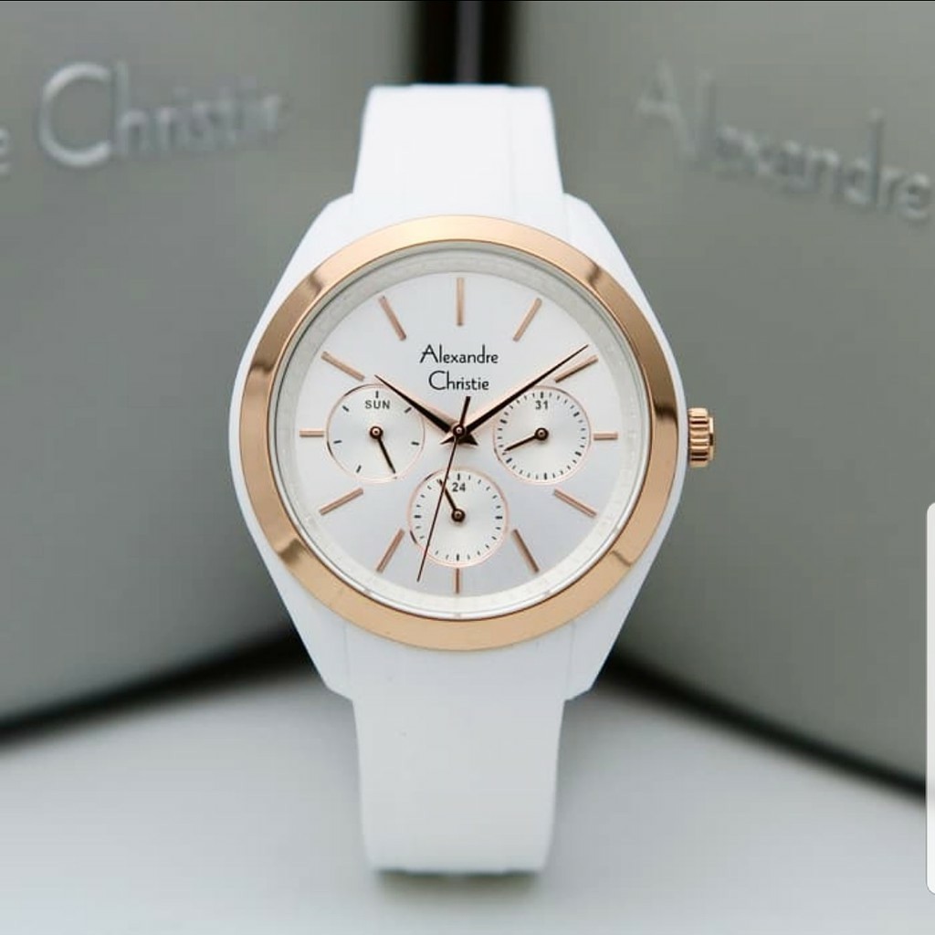 AC Alexandre Christie 2833 jam tangan wanita tali karet  putih