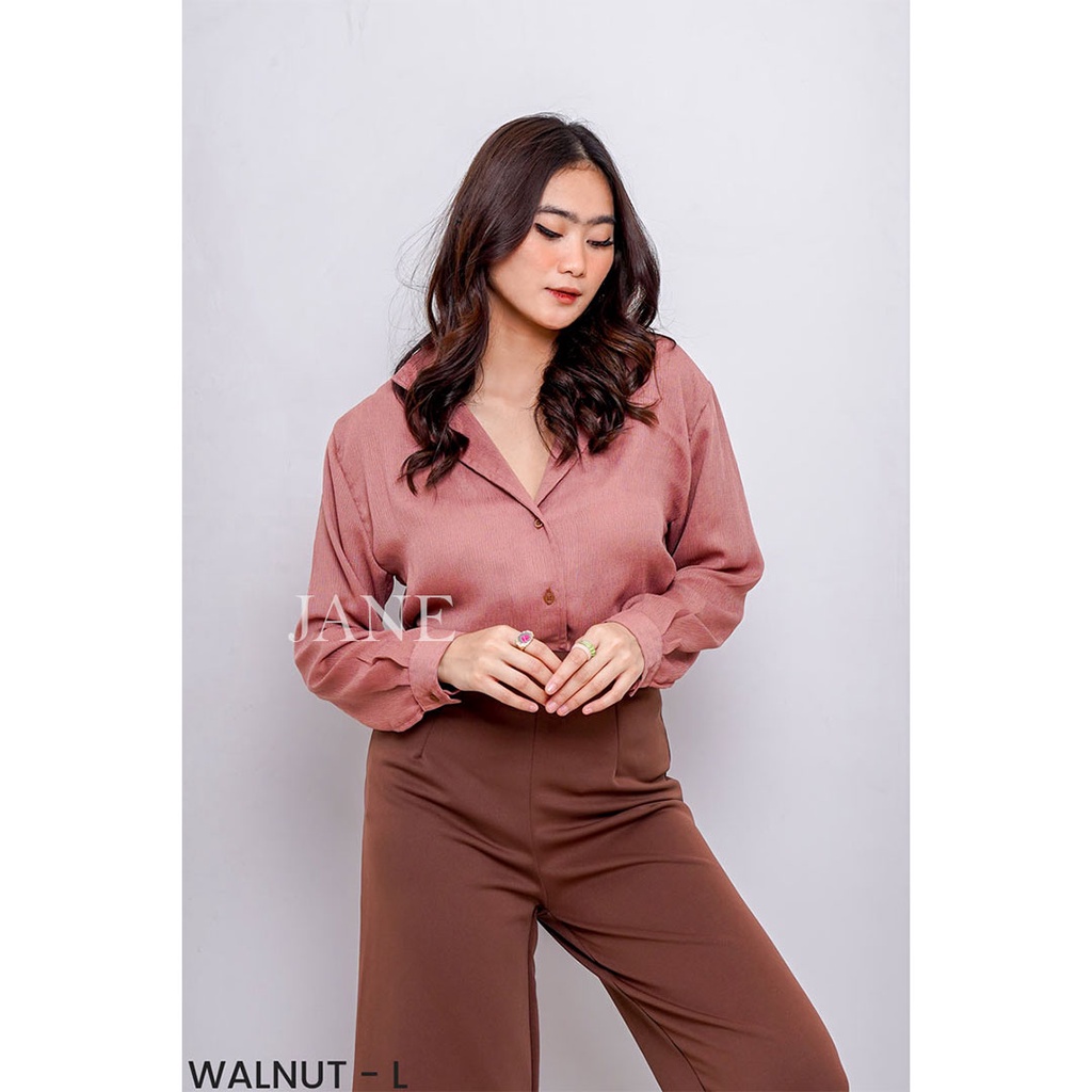 JANE COLLECTION || Atasan Wanita Hitam Kemeja Oversize Bigsize Kemeja Kerja Wanita Putih Kemeja Basic Polos Lengan Panjang Kancing Busui M L XL XXL Belle Crinkle Shirt