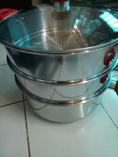 Khusus Gojek Panci Steamer Supra / Panci Serba Guna Sarangan Supra Stainless Tebal Susun 3 (32cm)