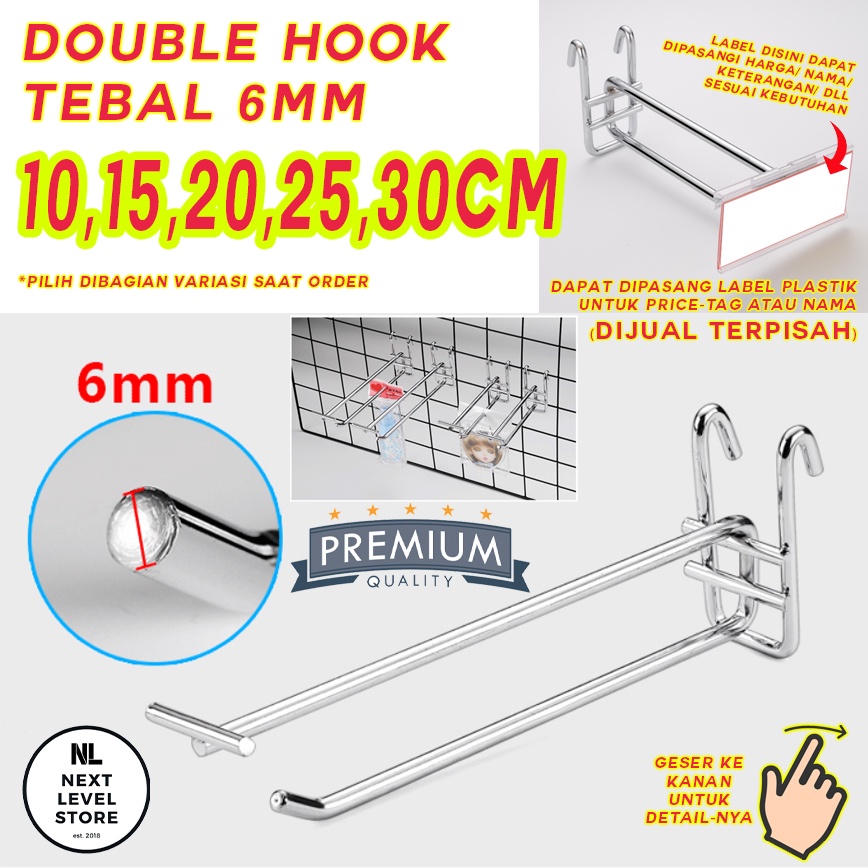 Double Hook Ram 10 15 20 25 30 CM TEBAL 6mm Display Cantolan Stainless Label Nama Price Card