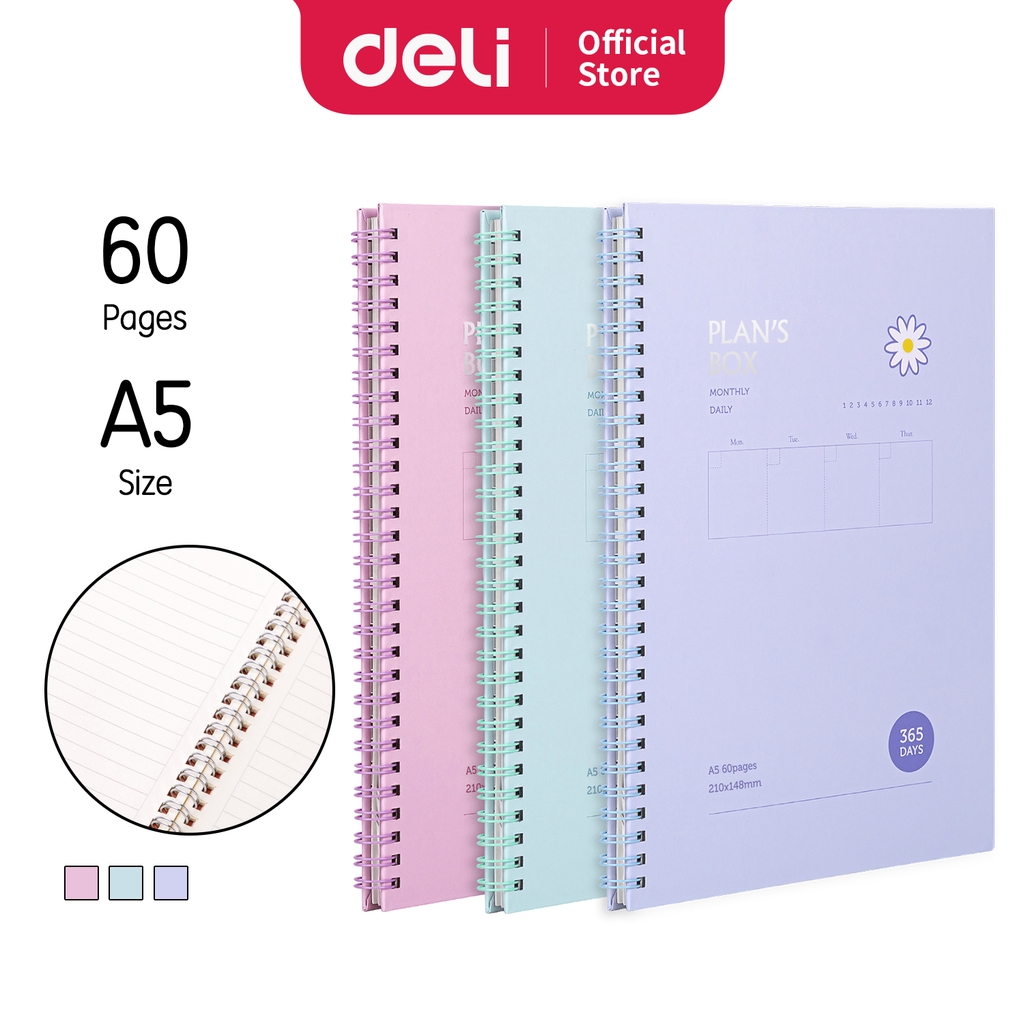 

Deli Spiral Buku Agenda Planner Diary Book A5 60 lembar kertas 3 Warna, Tali Karet Pengait 24200