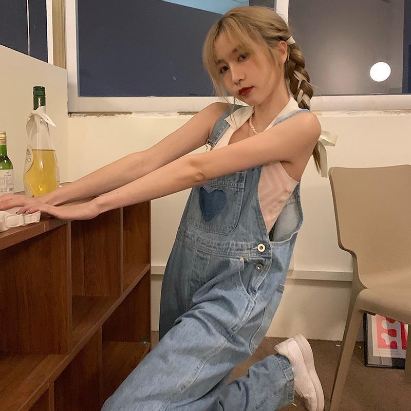 Overall denim merah bersih wanita versi Korea longgar musim panas 2022 tren celana jumpsuit kecil ra