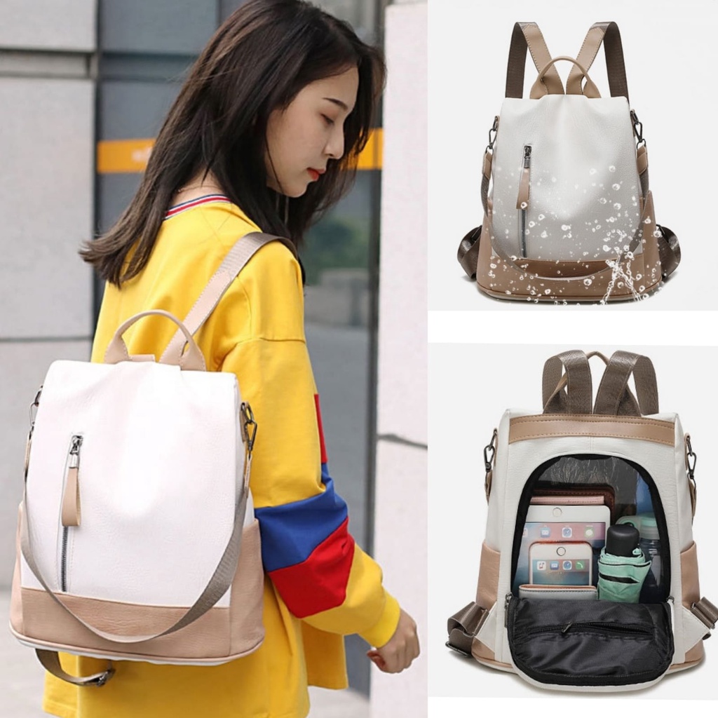 TAS RANSEL WANITA KULIT IMPORT COKLAT KREM LILIAN TA510C3 BACKPACK CEWEK PREMIUM KOREA SEKOLAH KULIAH KERJA BESAR GENDONG PUNGGUNG MURAH REMAJA KEKINIAN