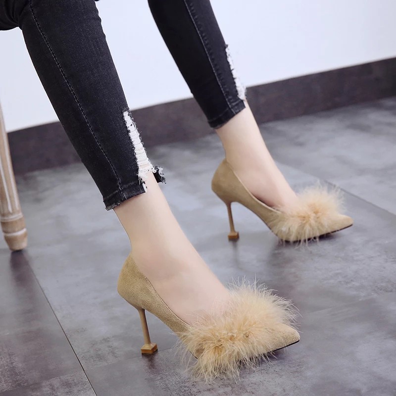 RYS - Fluffy Fur Sepatu Heels Wanita Fashion Casual - Ori Import