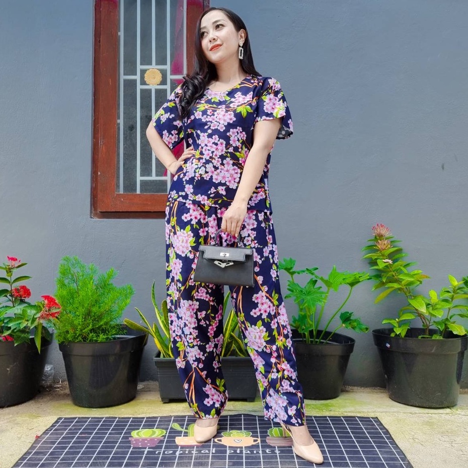 Daster Babydoll Panjang Bali-SET PAN SAKURA NAVY