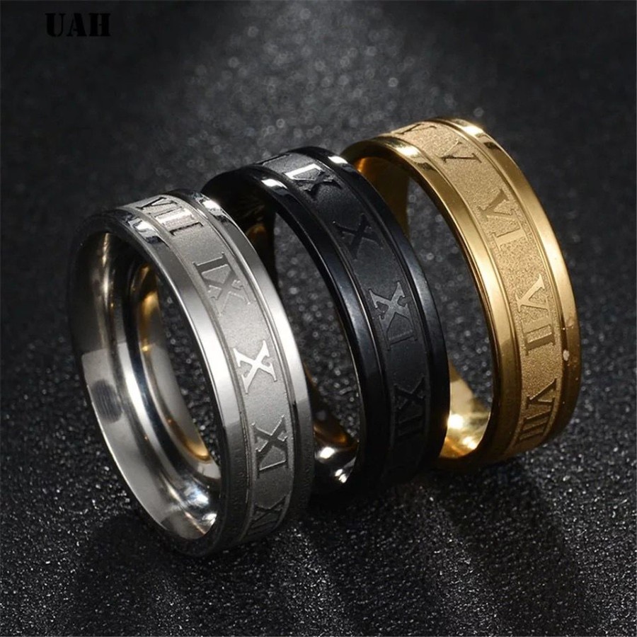 [Bayar di Tempat] Cincin Pria Wanita Romawi Titanium Emas Silver Hitam Korea Anti Karat