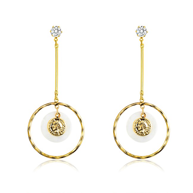 LRC Anting Tusuk Fashion Real Gold Alloy Shell Rhinestone Round Earrings F79759