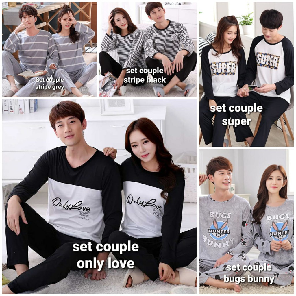 2 SET BAJU TIDUR COUPLE IMPORT / SETELAN PIYAMA PASANGAN CELANA PANJANG LENGAN PANJANG ALA KOREA