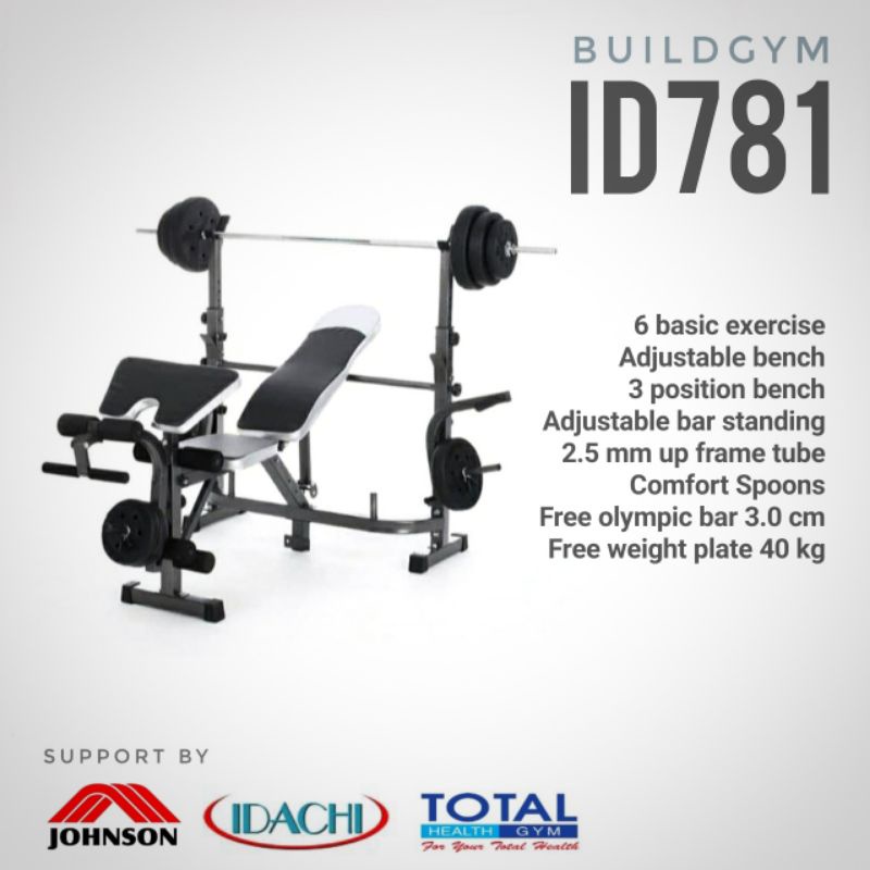 Bench Press 3 Posisi ID781 Weight Bench Full Set Stick Bar + Plate 40 Kg