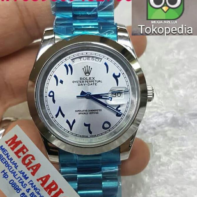 JAM TANGAN COWOK ROLEX DAY-DATE HURUF ARAB SILVER SUPER PREMIUM AAA