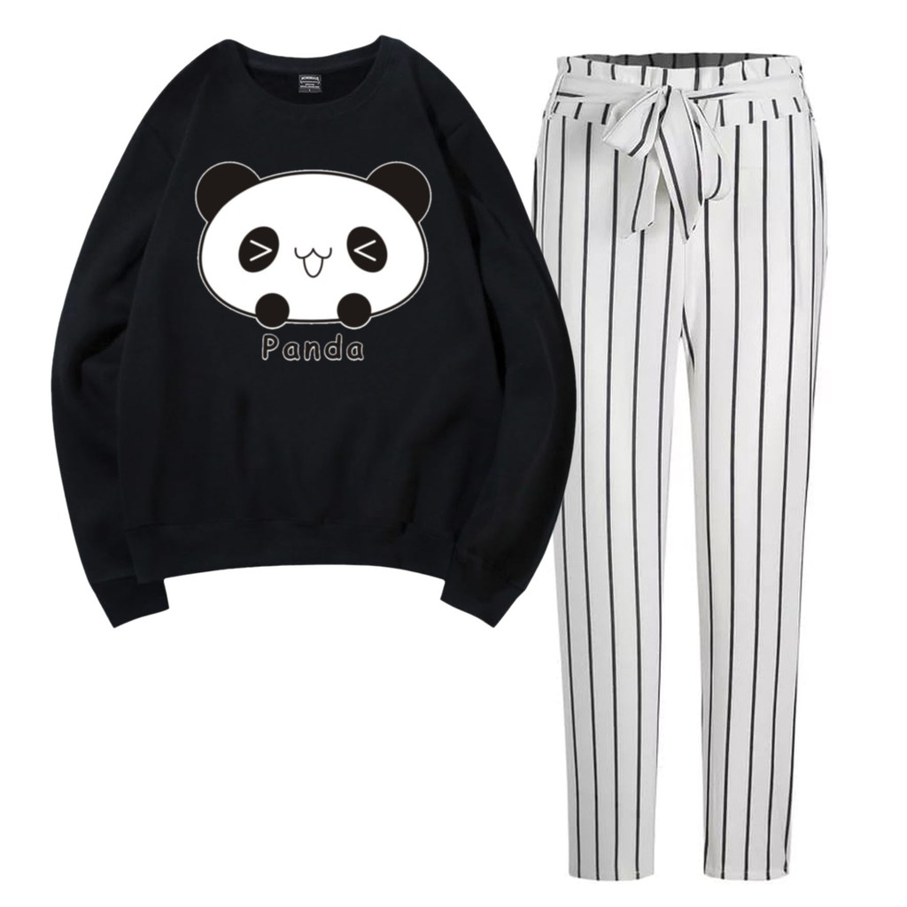 Baju Setelan Wanita Murah / Setelan Sweater + Celana Salur Putih - PANDA CUTE