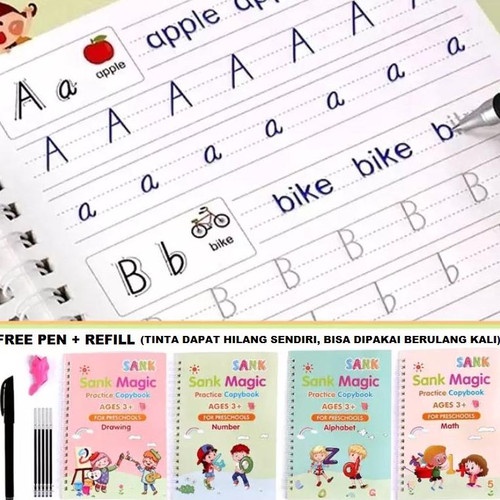 (COD) FREE REFILL TINTA 5 PCS !!! 4 in1 Sank Magic Practice Book /Buku Panduan Belajar TK / Buku Belajar Menulis TK 1 SET ISI 4 BUKU + PULPEN Copybook Kid's English Learning Calligraphy