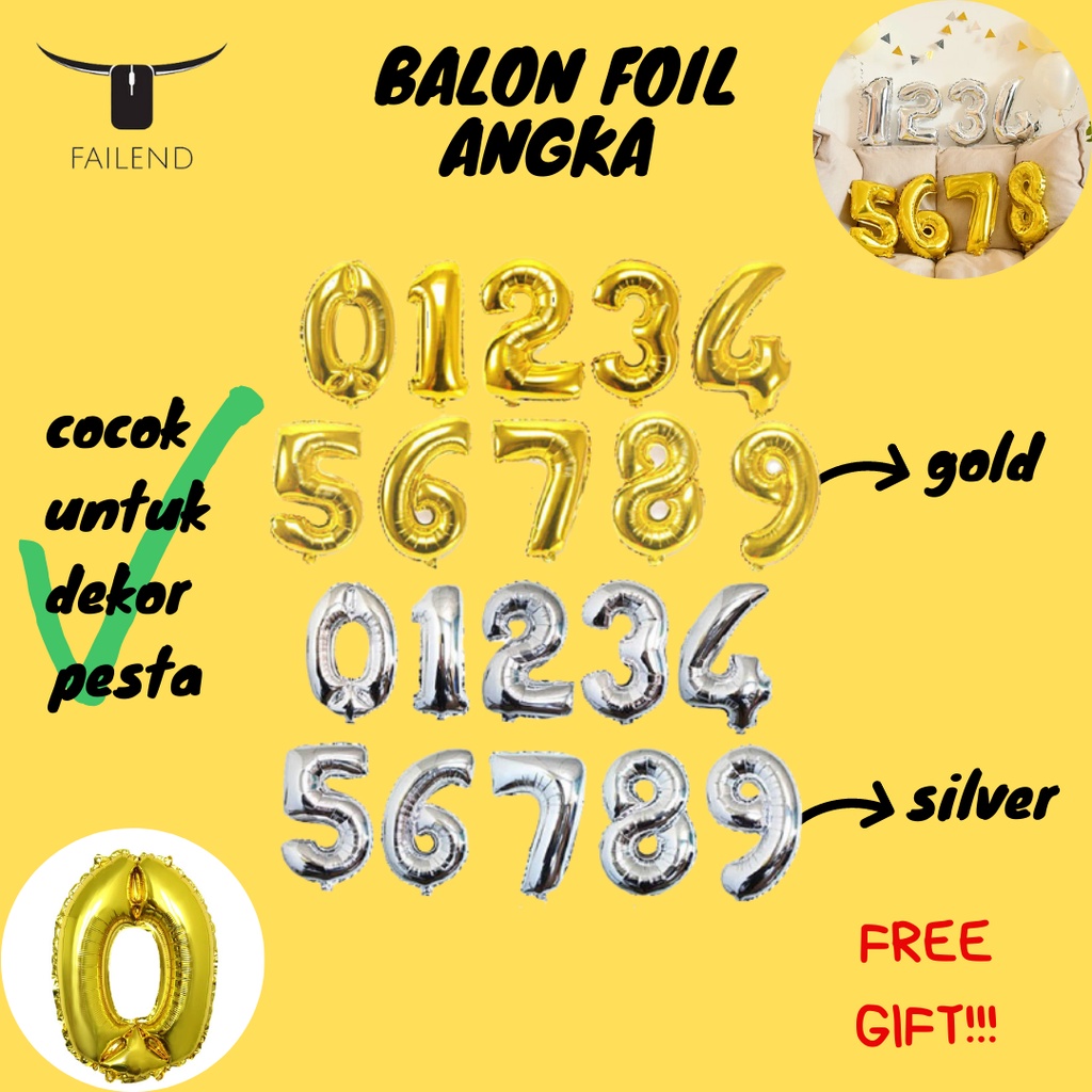 Balon Foil Angka Gold Silver 40cm Untuk Dekorasi Ulang Tahun