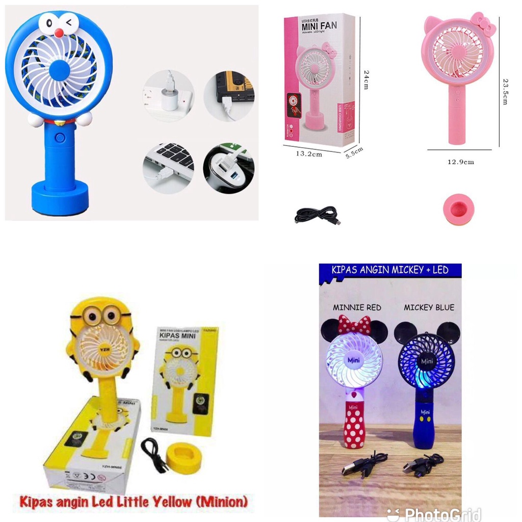 KIPAS GENGGAM / MINI FAN PORTABLE  DORAEMON / HELLOKITTY ADA LAMPU LED