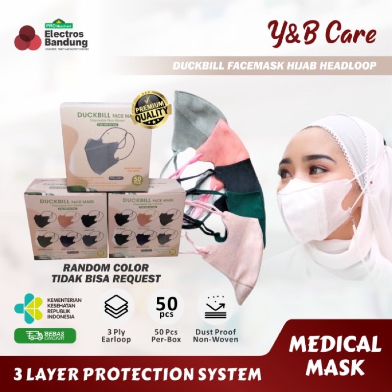 MASKER DUCKBILL HIJAB Y&B CARE FACEMASK HEADLOOP 3 LAYER PROTECTION SYSTEM - MASKER DUCKBILL HIJAB -