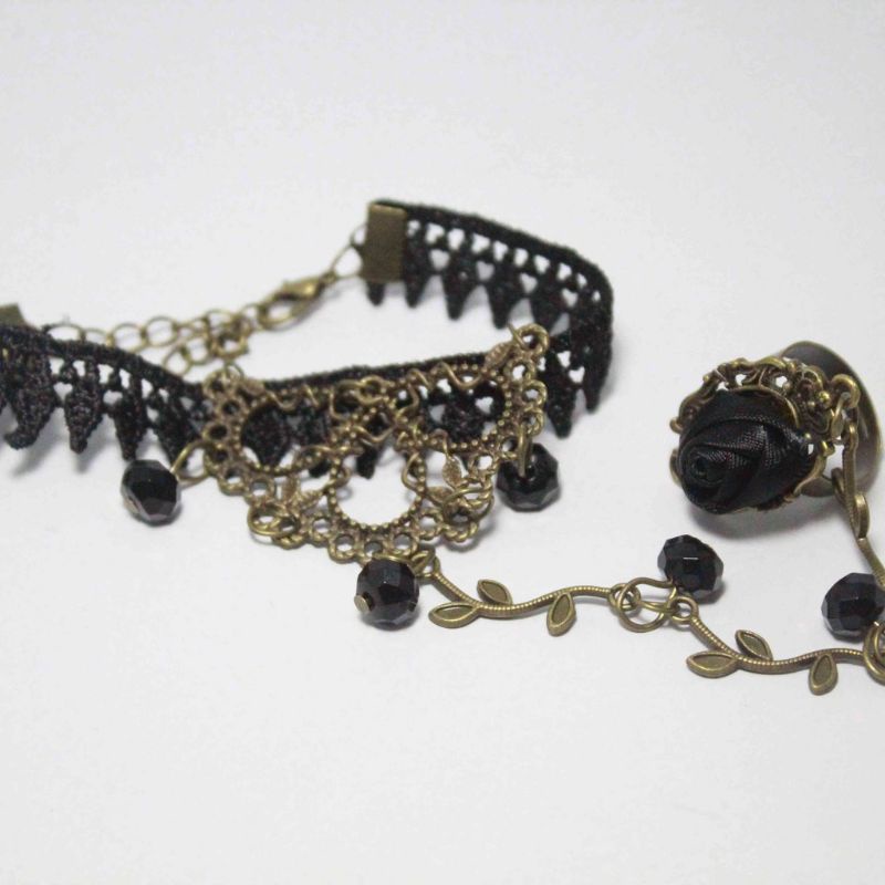 Gelang Tangan Cincin Lace Vintage Motif Bunga Dengan Rantai Sambung