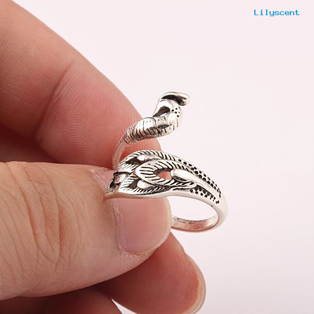 Ls Cincin Open Ring Adjustable Desain Burung Merak Warna Silver Gaya Retro